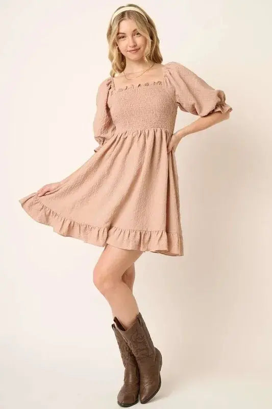 Mittoshop Smocked Ruffled Hem Half Sleeve Mini Dress for Women - Love Salve